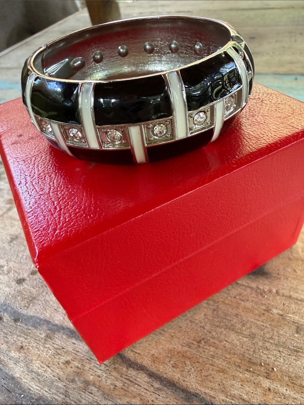 Black and White Enamel Bangle with Crystal Accents